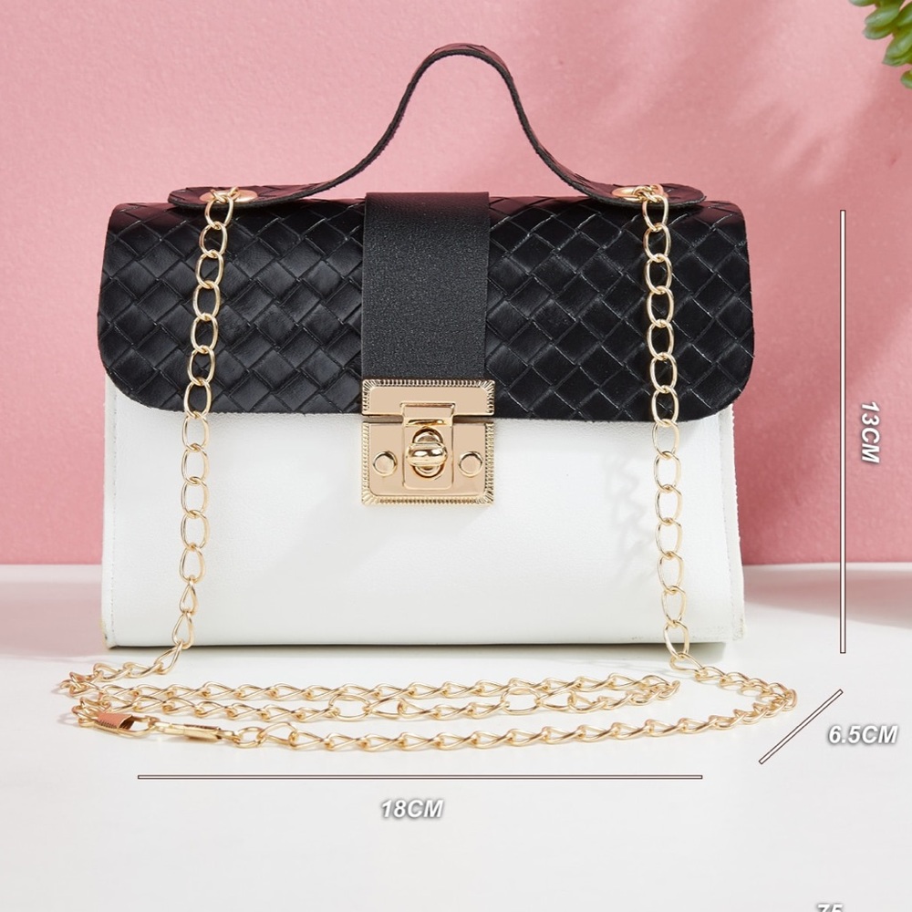 Black White Colorblock Braided Turn Lock Chain Bag - Picture 4 of 5